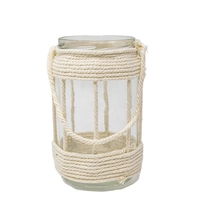 Glass Lantern Decorated with Beige Macrame Threads