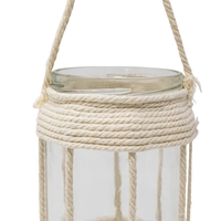 Glass Lantern Decorated with Beige Macrame Threads