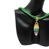 Handmade Green Beaded Necklace with a Colorful Leaf Pendant