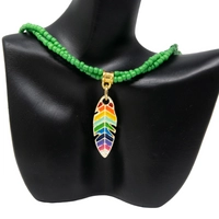 Handmade Green Beaded Necklace with a Colorful Leaf Pendant