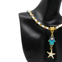 White and Gold Beaded Necklace with Hamsa Pendant and A Golden Star