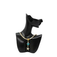 White and Gold Beaded Necklace with Hamsa Pendant and A Golden Star