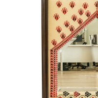 Square-shaped Wall Mirror with a Wooden Frame and Traditional Embroidery in Red