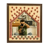 Square-shaped Wall Mirror with a Wooden Frame and Traditional Embroidery in Red