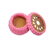 Handmade Mini Round Box of Wood and Crochet - Peach