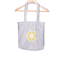 Black and White Striped Canvas Tote Bag Decorated with Yellow Cochet Circle