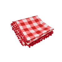 Checkered Red and White Picnic Blanket Decorated with Small Red Pompoms