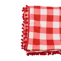 Checkered Red and White Picnic Blanket Decorated with Small Red Pompoms