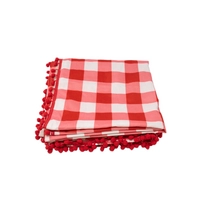 Checkered Red and White Picnic Blanket Decorated with Small Red Pompoms