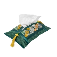 Elegantly Hand-Embroidered Dark Green Tissue Cover with Golden Tassels