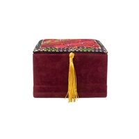 Handcrafted Red Storage Box Decorated with Peasant Embroidery and Gold Tassels