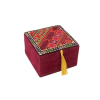 Handcrafted Red Storage Box Decorated with Peasant Embroidery and Gold Tassels