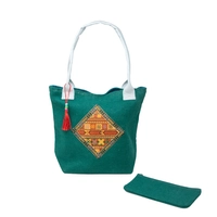 Large Green Shoulder Bag Made of Burlap with An Elegant Hand Embroidery Design