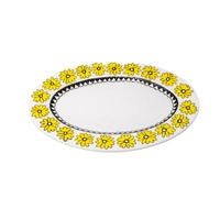 Handcrafted White Oval Serving Plate with Yellow and Black Rose Designs and Triangles