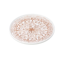 Large white circular serving dish decorated with geometric patterns and brown graphics
