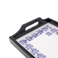 Wooden Black Tray Decorated with Elegant Hand Embroidery Pattern with Blue Threads