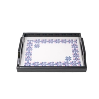 Wooden Black Tray Decorated with Elegant Hand Embroidery Pattern with Blue Threads