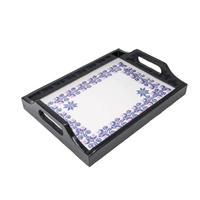 Wooden Black Tray Decorated with Elegant Hand Embroidery Pattern with Blue Threads