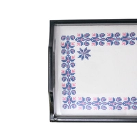 Wooden Black Tray Decorated with Elegant Hand Embroidery Pattern with Blue Threads