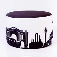 Large Black and White Round Pouf Decorated with a Design of The City of Amman