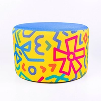 Vibrant Home Accessories: Large Yellow Round Ottoman Pouf Decorated With Colorful Patterns