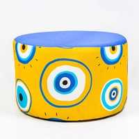 Large Round Ottoman Pouf in Yellow Color Decorated With Blue Eyes