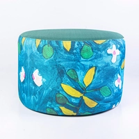 Large Round Ottoman Pouf With Floral Patterns in Blue and Green