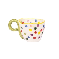 Lively White Ceramic Mug Decorated with Colorful Dots - Available in Two Colors  - Green