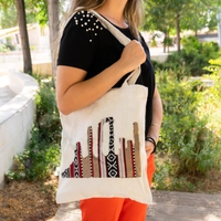 Hand-Woven Beige Canvas Tote-Bag with Jabal Al-Qal'a Design Decorated with Sadu Fabric