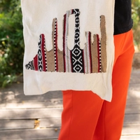 Hand-Woven Beige Canvas Tote-Bag with Jabal Al-Qal'a Design Decorated with Sadu Fabric