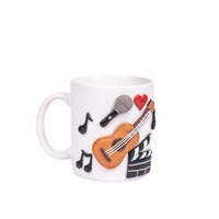 YOUR PERFECT PARTNER FOR FUN: White Mug Decorated with 3D Handcrafted Clay Musical Instruments Drawings