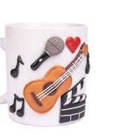 YOUR PERFECT PARTNER FOR FUN: White Mug Decorated with 3D Handcrafted Clay Musical Instruments Drawings