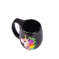 Unique Unicorn Mug: Black Cup Decorated with 3D Unicorn Horse and Colorful Flowers Handmade Clay