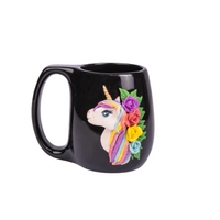 Unique Unicorn Mug: Black Cup Decorated with 3D Unicorn Horse and Colorful Flowers Handmade Clay