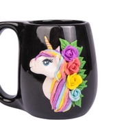 Unique Unicorn Mug: Black Cup Decorated with 3D Unicorn Horse and Colorful Flowers Handmade Clay