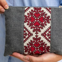 Gray Clutch Bag Decorated with Red and Beige Hand Embroidery