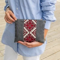 Gray Clutch Bag Decorated with Red and Beige Hand Embroidery