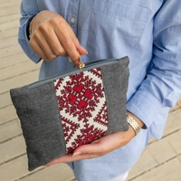 Gray Clutch Bag Decorated with Red and Beige Hand Embroidery