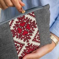 Gray Clutch Bag Decorated with Red and Beige Hand Embroidery