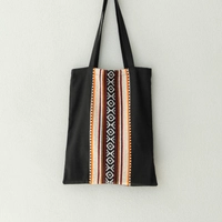 Black Fabric Tote Bag Decorated with Attractive Bedouin Details - Available in Three Designs - Black , Beige and orange