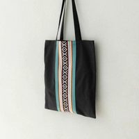 Black Fabric Tote Bag Decorated with Attractive Bedouin Details - Available in Three Designs - Black , Beige and orange