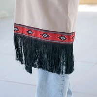 Long Beige Cardigan Decorated with Bedouin Details in Sadu Fabric and Black Fringes