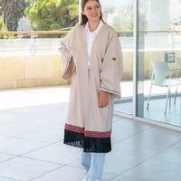 Long Beige Cardigan Decorated with Bedouin Details in Sadu Fabric and Black Fringes