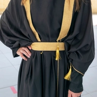 Stylish Long Black Cardigan with Gold Belt and Luxurious Gold Detailing in Arabic Abaya Style