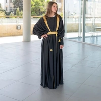 Stylish Long Black Cardigan with Gold Belt and Luxurious Gold Detailing in Arabic Abaya Style