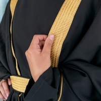 Stylish Long Black Cardigan with Gold Belt and Luxurious Gold Detailing in Arabic Abaya Style