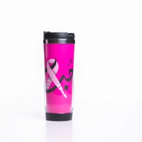 Black and Pink Coffee and Tea Travel Mug Decorated with Arabic 'Love' Word and Pink Ribbon