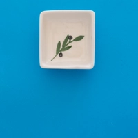 White Square Ceramic Dish for Serving Nuts - Decorated with A Hand-Drawn Olive Branch