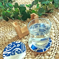 Two-Piece Blue Coaster Set with Wooden Base - Decorated with Arabic Calligraphy