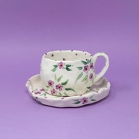 Classy Purple Ceramic Set with Natural Rose Motif   - Set of Mug and Plate